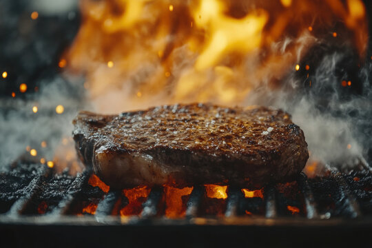Steak sizzling on a grill with flames licking its surface, creating a charred, smoky aroma that promises a delicious meal soon.
