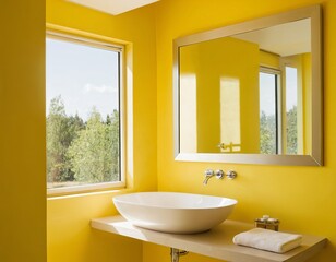 Bright and modern bathroom with a yellow wall and stylish sink, creating a cheerful atmosphere.