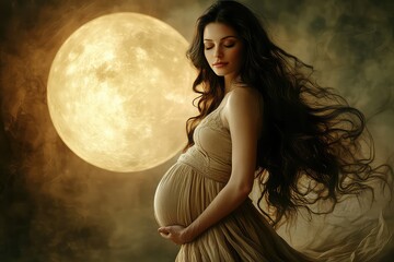 Naklejka premium pregnant goddess Clean long flowing hair standing in front of a glowing full moon