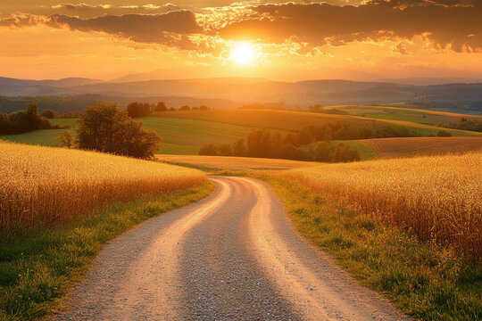 Dirt road leading to a sunset-lit field.