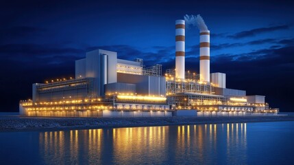Naklejka premium Modern Power Plant at Night with Illuminated Facilities and Smoke