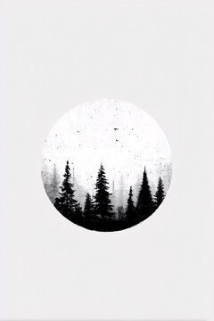 black and white tree and moon illustrations with minimalist style, abstract nature designs with ink and watercolor effects, silent forest drawings, artistic line compositions for print or poster use