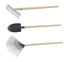 Garden Tools Vector Set Rake Shovel Leaf Rake Illustration
