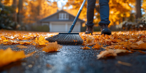 Sweeping vibrant autumn leaves off a driveway in a serene neighborhood on a sunny day