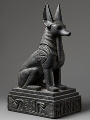 A dark stone sculpture in the form of a dog sits on a rectangular base. The sculpture is decorated with symbolic carvings.