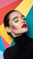 A striking portrait of a woman with flawless skin, bold red lips, and winged eyeliner, set against a vibrant geometric background. The contrast between her sleek black outfit and the colorful backdrop