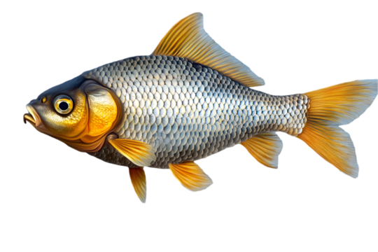 A single carp fish with silver scales and yellow fins on a black background in a studio shot view