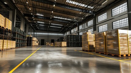 Fototapeta premium Modern Warehouse Interior with Shelves and Stacked Pallets