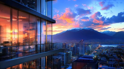 Sunset Reflection in Modern Building with Scenic Mountain View