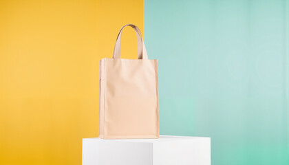 Stylish eco-friendly bag on pedestal, modern advertising concept