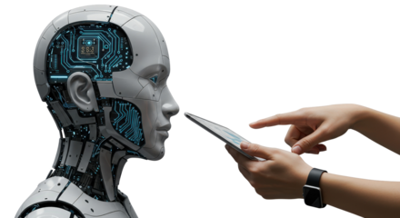 Robot interaction with tablet isolated on white, robot transparent png