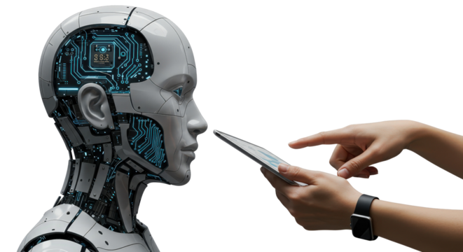 Robot interaction with tablet isolated on white, robot transparent png
