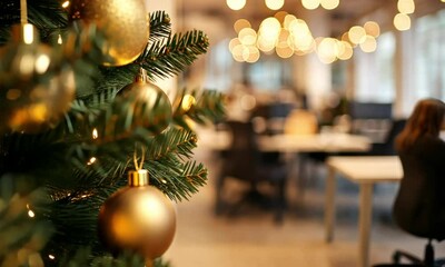 Golden Christmas Ornaments on a Festive Office Tree