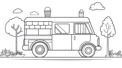 Outline drawing of an ice cream truck on a summer day