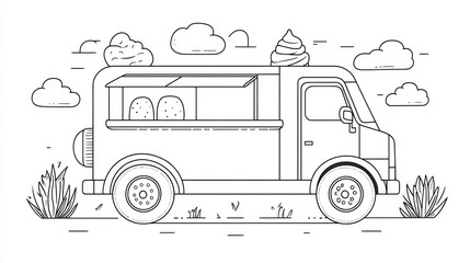 Simple outline of food truck with ice cream and pastries. Outdoor food vendor. Potential stock image use