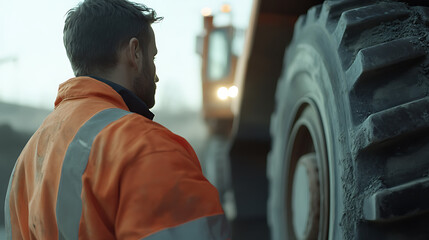 Mining worker guiding a truck at a mining site. Featuring logistics and material transport