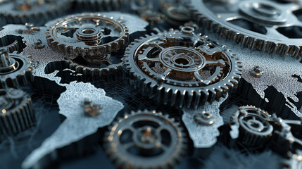 Gears On World Map Close Up