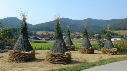Traditional straw structures in a rural landscape with mountains and fields