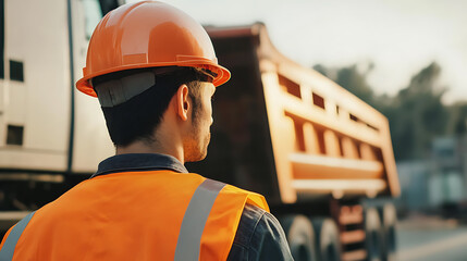Mining worker guiding a truck at a mining site. Featuring logistics and material transport