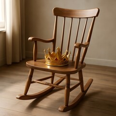A hyper-realistic depiction of a wooden rocking chair with a golden crown gently placed on its seat, set in a serene and softly lit environment