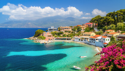 Colorful coastal houses with terracotta roofs line the turquoise shores of a serene Aegean island, where clear waters meet lush greenery and vibrant flowers under a sunny sky.