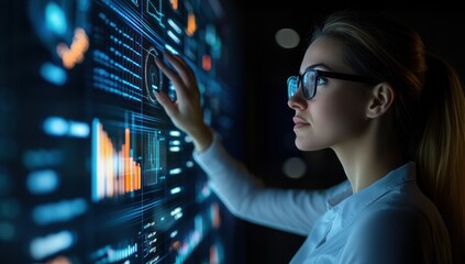 Woman interacts with a large glowing digital screen displaying data and information.
