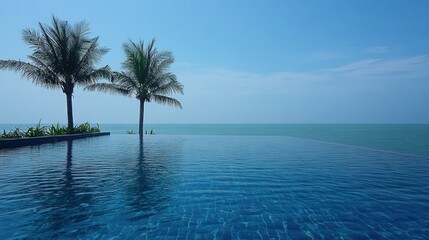 Fototapeta premium Tranquil infinity pool overlooking the ocean. Lush palm trees frame the scene
