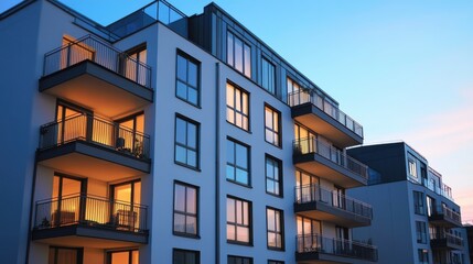 Obraz premium Modern Apartment Building with Balconies at Dusk and City Lights