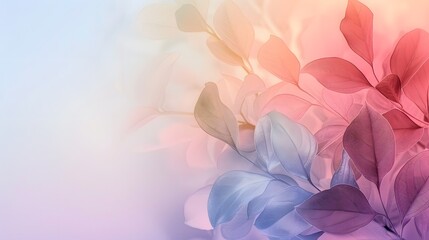 Fototapeta premium Floral Symphony: Delicate foliage, kissed by a gradient of pastel hues, floats softly, creating a visual harmony and calm feel.