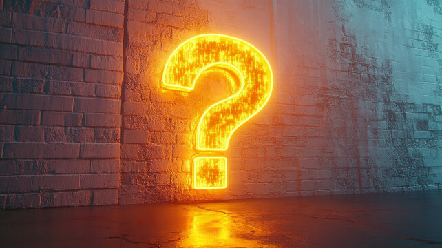 Neon question mark on a brick wall, glowing at night.