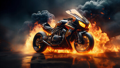 A powerful black motorcycle stands boldly amidst roaring flames and thick smoke, creating a dramatic and surreal scene filled with intensity, speed, and adrenaline-charged energy.