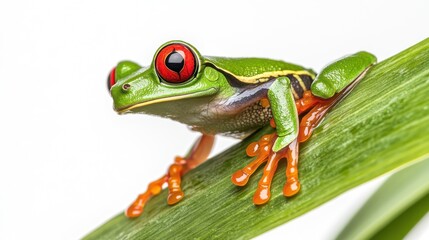 Obraz premium Red-Eyed Tree Frog on Green Leaf; Close-up View; Nature; Wildlife; Stock Photo