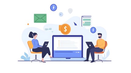 Fototapeta premium Digital Collaboration: Two individuals collaborate on a project, using laptops amidst floating icons symbolizing digital workflow and online communication.
