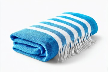 Blue and White Striped Beach Towel - Rolled blue and white striped beach towel with fringe, perfect for summer relaxation
