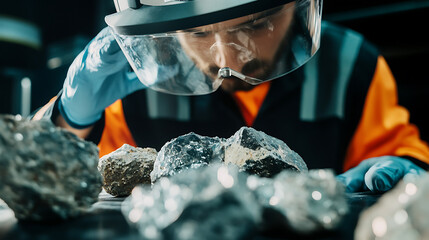 Mining worker handling mineral samples in a lab at a mining site. Featuring material testing and analysis
