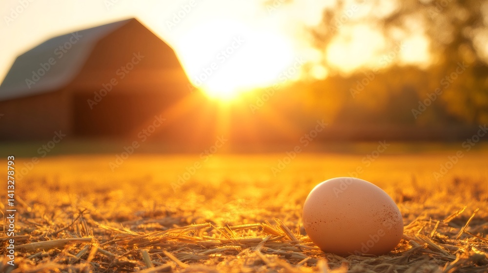 Aufkleber fresh brown egg is lying on straw in golden hour sunlight with blurred chicken coop in background, e