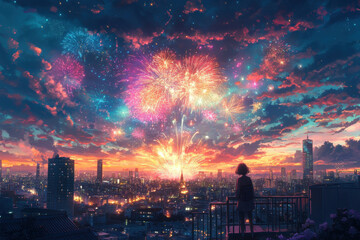 Obraz premium Girl gazes at fireworks in the night sky, mesmerized by colorful bursts illuminating the darkness.