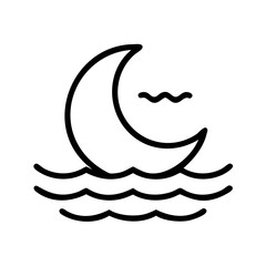 Obraz premium Crescent moon icon over waves with flying bird in line style for night scene, calm, or relaxation concepts