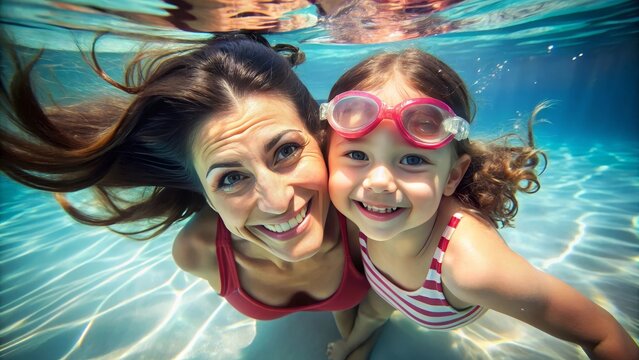Mother and daughter swimming underwater, joyful aquatic bonding moment