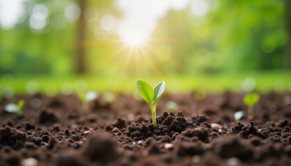 Fototapeta premium Fresh green sprout emerging from rich soil, symbol of growth