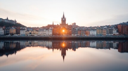 Obraz premium Sunrise cityscape reflection over river