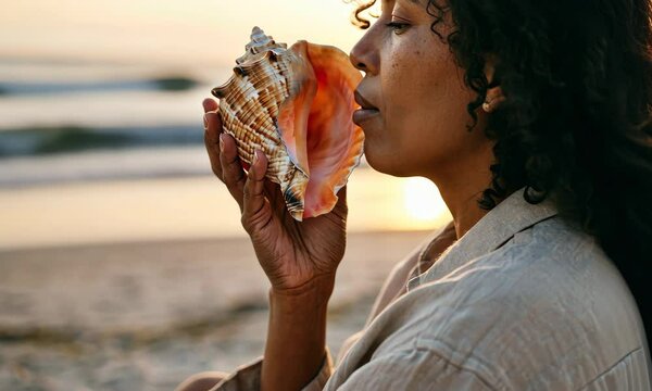Woman with shell by sea during sunset, peaceful moment