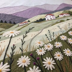 Embroidered Provence Landscape with Daisy Field