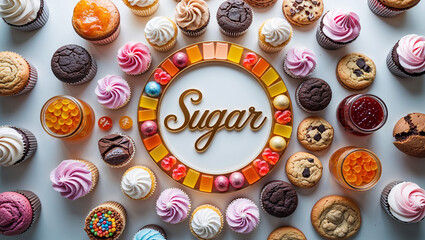 inscription sugar, various sweets, chocolate, candies