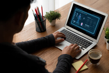 Medical science technology and futuristic healthcare virtual computer software analyze human health...