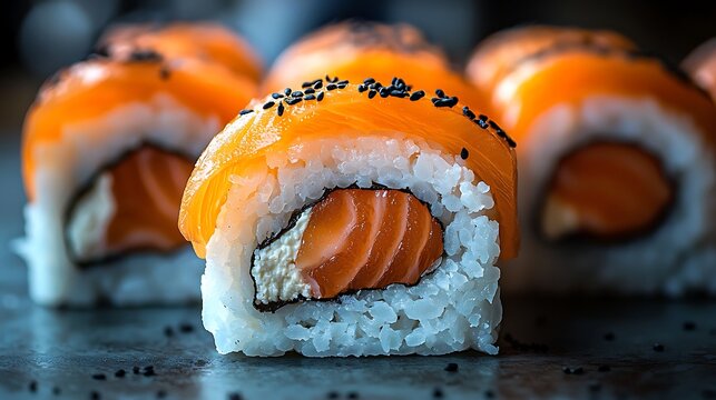 Close-up of salmon sushi rolls with cream cheese filling, topped with sesame seeds - Powered by Adobe
