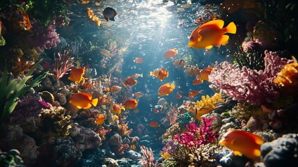 School of orange fish swim past vibrant coral reef under sunlit ocean water