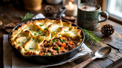 Close-up of shepherd's pie with textured mashed potato topping, candle, and greenery