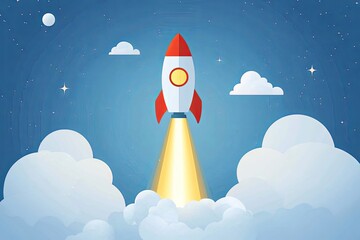 Colorful Rocket Launching into a Clear Blue Sky Surrounded by White Clouds and Stars in a Fun and Whimsical Art Style