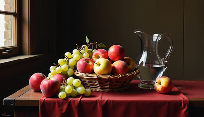 古典静物艺术：木桌上的丰盛果实